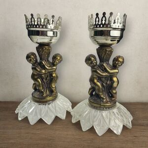 2 Regency Cherub Brass Candle Holders Figural Hurricane Frosted Glass Base